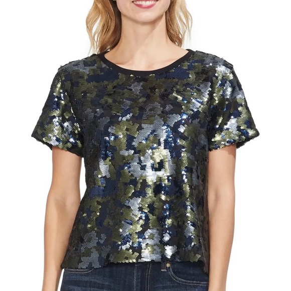 NWT. VINCE CAMUTO Sequins Top Military Green Color - Picture 1 of 9